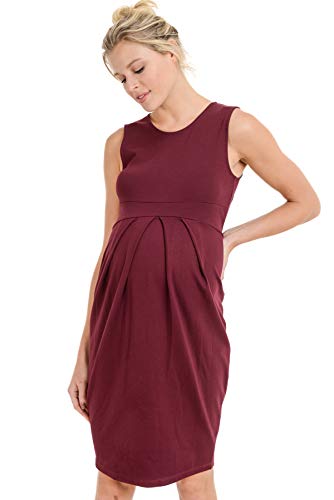 Womens Front Pleat Knee Length Midi Maternity Dress - color: Burgundy, size: Large