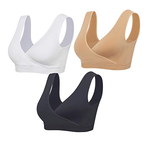 Lemef Nursing Sleep Bras Wirefree Maternity Breastfeeding Bras 3 Pack - color: Black&beige&white, size: XX-Large
