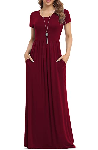 VIISHOW Women's Short Sleeve Loose Plain Maxi Dresses Casual Long Dresses with Pockets - color: Wine Red, size: Medium