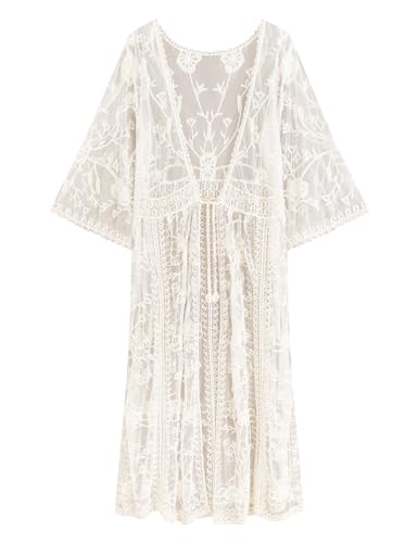 Romanstii Women's Lace Cardigan Floral Crochet Sheer Beach Cover Ups Long Kimono - color: D-apricot