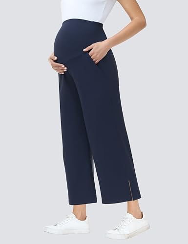 Foucome Women's Maternity Capris Wide Leg Cropped Pants - color: Navy Blue, size: Large