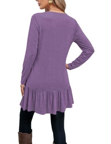 Poetsky Women Tops Long Sleeve Dressy Casual Ruffle Hem O Neck Tunics - color: Purple, size: X-Large