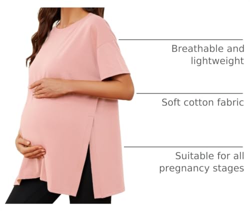 Ecavus Maternity Shirts Side Split Soft Cotton Loose Fit Pregnancy Tops - color: Pink, size: Large