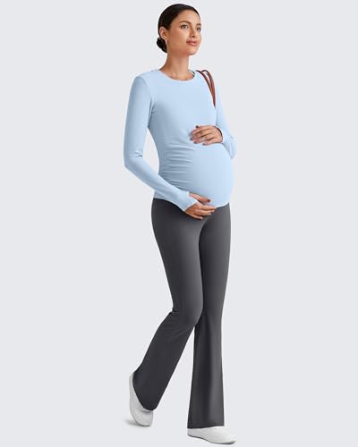 G4Free BareFeel Pregnancy Workout Tops Maternity Long Sleeve Shirts Ruches - color: Light Denim, size: Medium