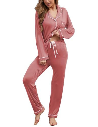 Button Up Pajamas for Women Long Sleeve Sleepwear Soft Loungewear Ladies Pjs Set XS-XXL - color: Brick Red, size: Large