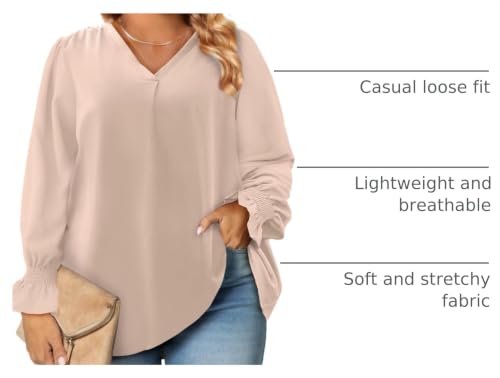 Eytino Women's Plus Size Long Sleeve Tops V Neck Chiffon Blouse - color: Apricot, size: 2X