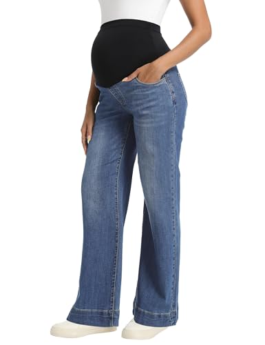 Foucome Maternity Jeans Wide Leg Trendy Pregnancy Denim Pants - color: Dark Blue, size: XX-Large
