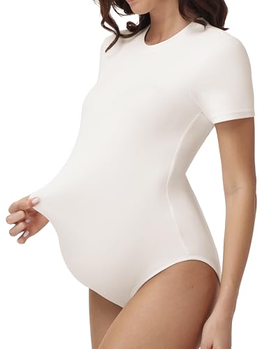 V VOCNI Maternity Bodysuit Short Sleeve Stretchy Basic Pregnancy T Shirt - color: Apricot, size: Medium