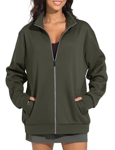 THE GYM PEOPLE Women's Oversized Zip Up Sweatshirts Fleece Mock Neck Jacket - color: Dark Brown, size: Large