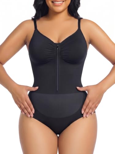 YIANNA Women's Shapewear Bodysuit Double Tummy Control Seamless Zip-Up - color: Black, size: Small-Medium