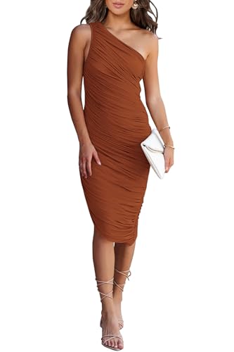 PRETTYGARDEN One Shoulder Midi Dresses for Women Summer - color: Caramel, size: X-Large