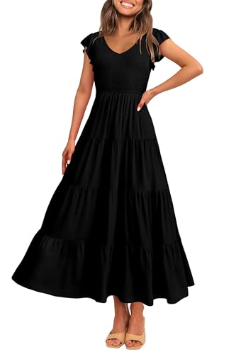 PRETTYGARDEN Women's Summer Smocked Flowy Maxi Dress - color: Solid Black, size: XX-Large