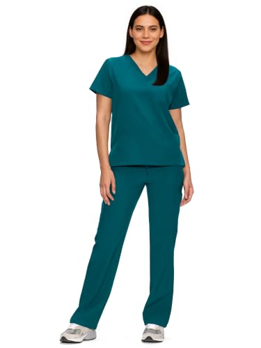 Scrubs for Women Set, V-Neck Top & Straight Leg Pants with 11 Pockets - color: Caribbean Blue, size: Large