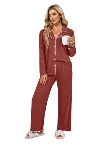 WIHOLL Women's Pajamas Sets Cute Ruffle Long Sleeve Button Up 2 Piece Pjs - color: Caramel, size: Small