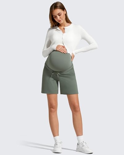 G4Free Pregnancy Shorts Over Bump Drawstring Postpartum Shorts with Pockets Summer Maternity Workout Yoga Casual(Gray Sage,M)