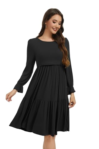 Smallshow Women's Ruffle Maternity Nursing Dress Long Sleeve - color: Black, size: Medium