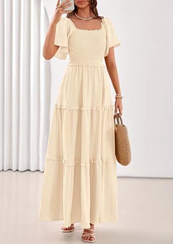 PRETTYGARDEN Womens Summer Dresses Boho Maxi Swiss Dot Dress - color: Beige, size: X-Large