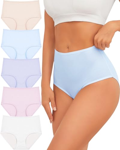 UNDER THE SEA Cotton Underwear Women High Waisted Full coverage Brief 5Pack - color: A Light Color, size: Large