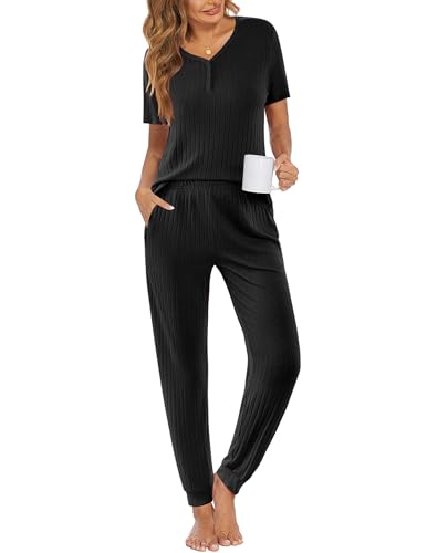 Ekouaer Pajama Sets for Womens 2 Piece Jogger Pants Lounge Set - color: Black, size: XX-Large