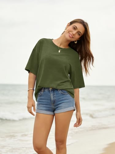 UNCLECAT Womens Oversized T Shirts Summer Trendy Short Sleeve Loose Fit Tee - color: Army Green, size: Large
