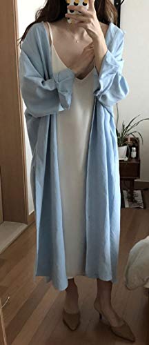 GGUHHU Womens Chic Button Down Rolled-Up Sleeve Long Cotton Blouse Maxi Dress - color: Light Blue, size: Small