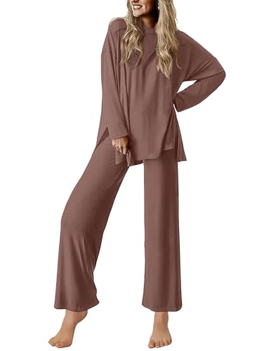 Ekouaer Lounge Sets for Women Long Sleeve Pajamas Fall Loungewear - color: Brown, size: Medium