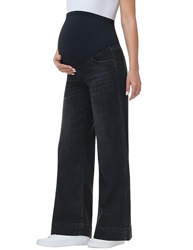 Maternity Jeans Wide Leg Loose Pregnancy Denim Pants - color: Washed Black, size: Large