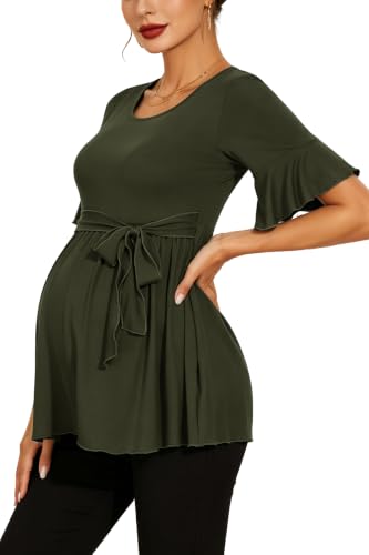 Women's Ruffle Maternity Tops Short Sleeve Wrap Tie Front Shirts Pregnancy Clothes - color: Army Green, size: Medium