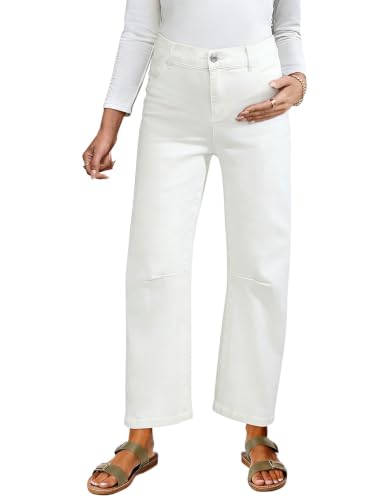 BLENCOT Maternity Jeans High Waist Barrel Wide Leg Pregnancy Denim Pants - color: P1 White, size: Small