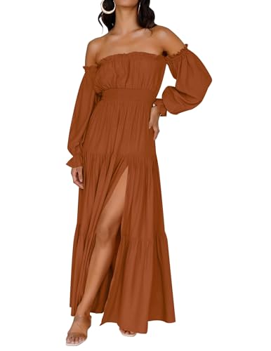 ZESICA Womens Fall Long Sleeve Boho Off Shoulder Maxi Dresses - color: Caramel, size: X-Large