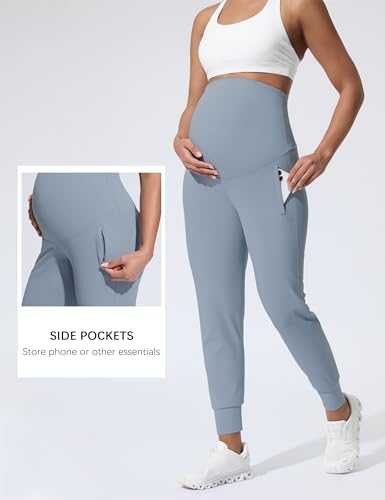 Mama Land Maternity Joggers Over Belly Pants with Zipper Pockets - color: Denim Blue, size: Medium