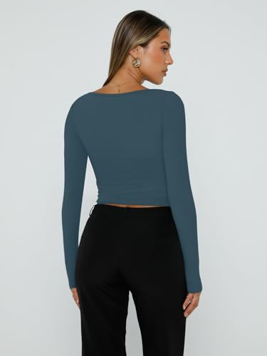 Trendy Queen Women's Square Neck Tops Cropped Going Out Long Sleeve Shirts - color: Haze Blue, size: Small
