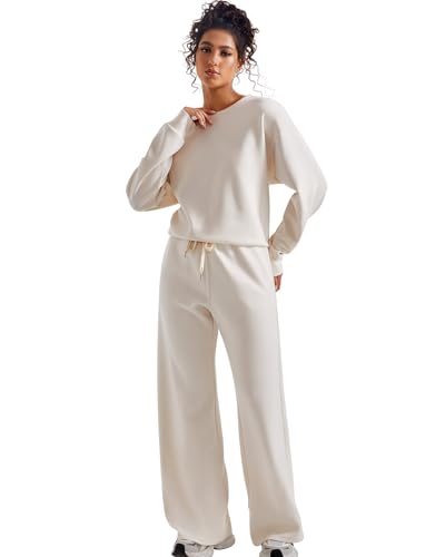 SUUKSESS Women Modal 2 piece outfits Oversized Sweatshirt Wide Leg Pants - color: Apricot, size: X-Large