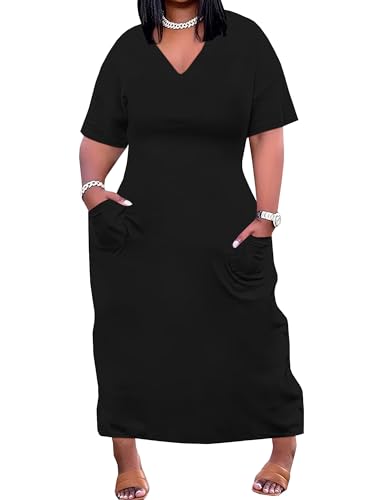 SUZONANA Women's Plus Size Maxi Dress V Neck Short Sleeve with Pockets - color: 1black, size: 4X-Large