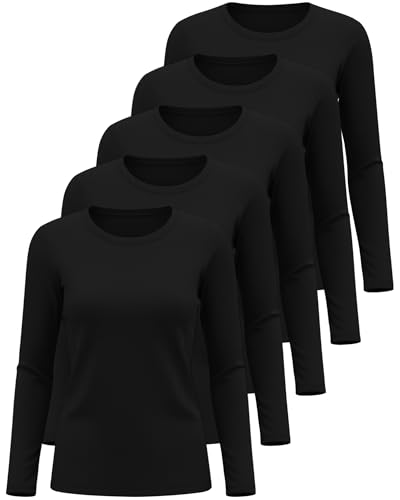 Oakgarden 5 Pcs Womens Long Sleeve Underscrub Shirt Crew Neck - color: Black, size: Large