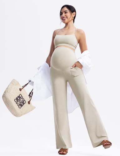 POSHDIVAH Creamluxe Maternity Wide Leg Pants Pregnancy Work Trousers - color: Light Apricot, size: Medium