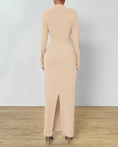 BTFBM Maxi Long Sleeve Dresses for Women Wedding Guest - color: Beige, size: Medium