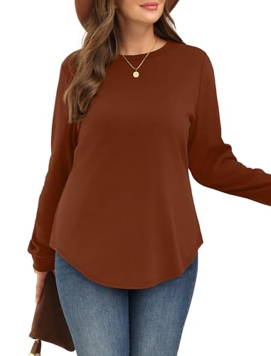 WIHOLL Sweatshirt for Women Crewneck Long Sleeve Shirts Curved Hem Lightweight Sweaters Fall Clothes 2025 - color: Caramel, size: Medium