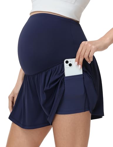 Foucome Womens 2 in 1 Maternity Athletic Shorts with Liner Pockets - color: Navy, size: Medium