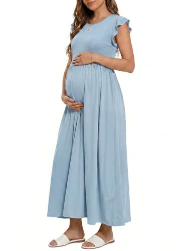 OUGES Women's Ruffle Sleeve Patchwork Maternity Maxi Dress with Pockets - color: Light Blue, size: Large
