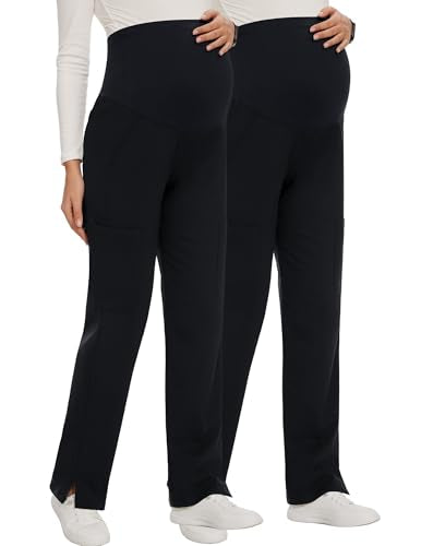 AMPOSH Women's Maternity Scrub Pants with 6 Pockets Stretchy Straight Leg Pregnancy Workwear - color: Black/Black, size: X-Large