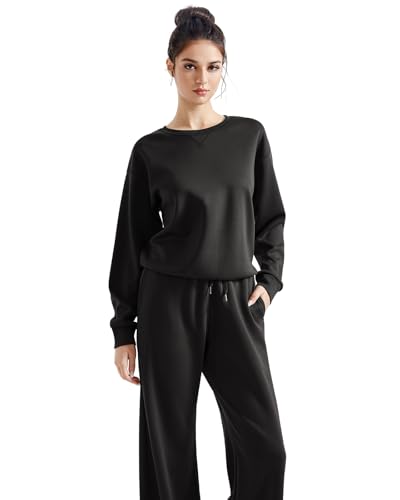 SUUKSESS Women Modal 2 piece outfits Oversized Sweatshirt Wide Leg Pants - color: Black, size: Medium