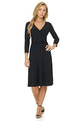 Rekucci Women's Slimming 3/4 Sleeve Fit-and-Flare Crossover Tummy Control Dress - color: Black, size: 20