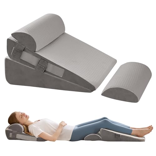 4Pcs Wedge Pillow Set for After Surgery,Acid Reflux Relief, Adjustable Bed Wedge Pillows for Sleeping,Anti Snore, Memory Foam Triangle Pillow for Back&Neck&Shoulder Pain Relief, Grey - color: Grey, size: 12 IN+2 Head pillow