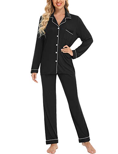 Anjue Pajamas For Women Set Long Sleeve Button Up Sleepwear Soft Pjs - color: Black, size: Medium
