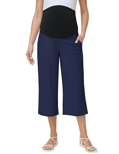 Maternity Capris Wide Leg Pregnancy Cropped Pants - color: Navy Blue, size: Small