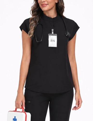 VECARDI Womens Scrub Top Zip Front Dolman Sleeves with Pockets - color: Black, size: X-Large