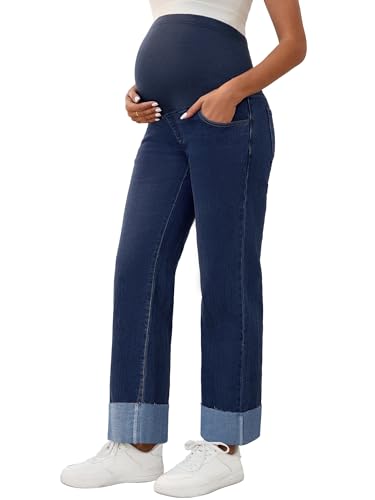 Women Maternity Jeans Straight Leg Cuffed Denim Work Pants - color: Black Blue, size: X-Large