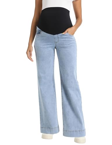 Foucome Maternity Jeans Wide Leg Trendy Pregnancy Denim Pants - color: Light Blue, size: Small