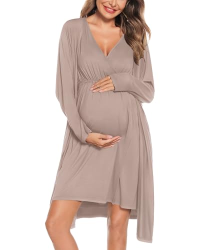 SWOMOG Women Maternity Nursing Gown and Robe Set 3 in 1 Labor Delivery Nursing Nightgown for Breastfeeding Hospital Bathrobe - color: Light Brown, size: Small